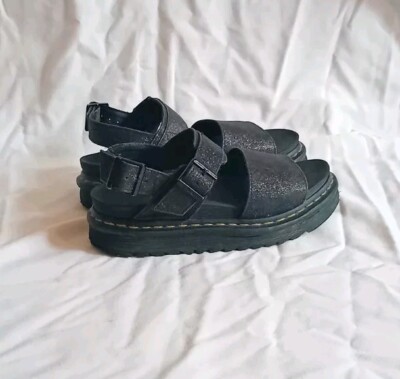 Dr Martens Voss Black Glitter Leather Strap Chunky Platform Sandals Uk EU  37 UK