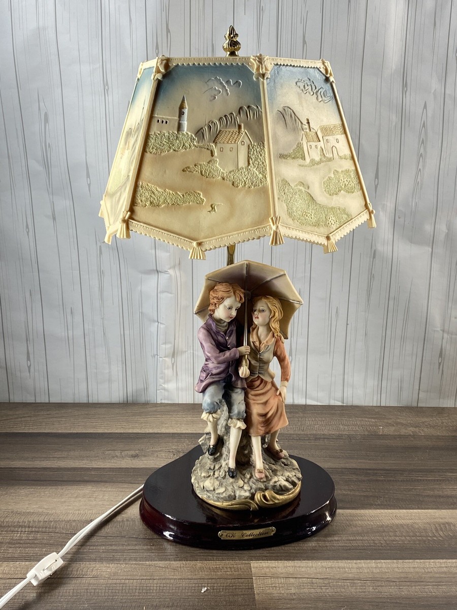 Vintage 20” Lithophane Lamp Shade 6 Panel Boy Girl Under Umbrella