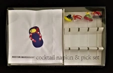 EMBROIDERED COCKTAIL NAPKINS & GLASS PICKS SET BY BOSTON WAREHOUSE NEW IN BOX