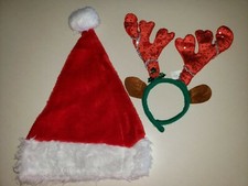 SANTA HAT red white PLUSH REINDEER HEAD BAND SILVER DOTS one size fits most CHRI