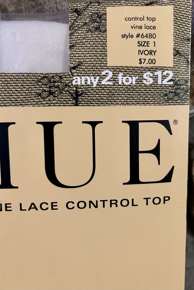 Vintage Hue Vine Lace Control Top Pantyhose, Sz 1 Ivory, Nylon Lycra - Image 2 of 4