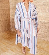 Ulla Johnson 100% Cotton Selvi Midi Dress Multi Striped Oversized Belted Size 0