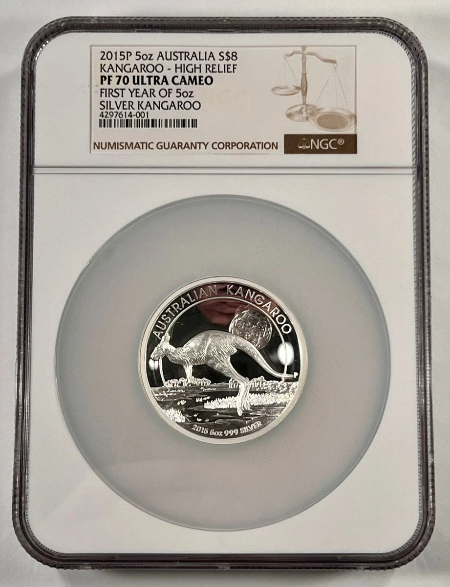2015-P Australia 5 Oz S$8 Alto Relieve Canguro NGC PF70 Ultra Cameo Caja CoA