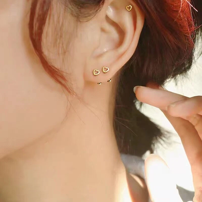 Womens Tiny Gold Heart Screw Back Stud Earrings Surgical Steel Trendy Jewelry - Image 2 of 4