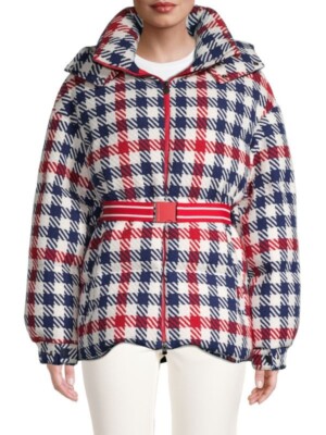 $1050 NEW Perfect Moment Performance Ski Down Star Gingham Puffer Jacket Red L
