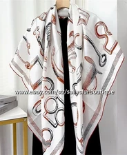 Sallys Pure Twill Silk Wrap Scarf Saddles Print Bandana Large Square Shawl 53"