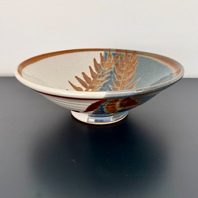 Vintage Artisan Signed Studio Pottery Bowl with Handpainted Leaf Detail ~ 10''
