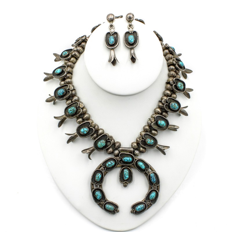 Southwest Sterling Turquoise Squash Blossom Necklace Earrings Lot of 2 #S5288-3