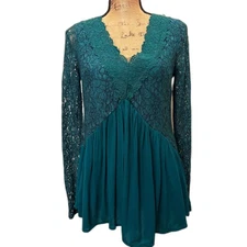 Wonderly V-Neck Babydoll Blouse Deep Teal Lace Bohemian Fairycore Size Small