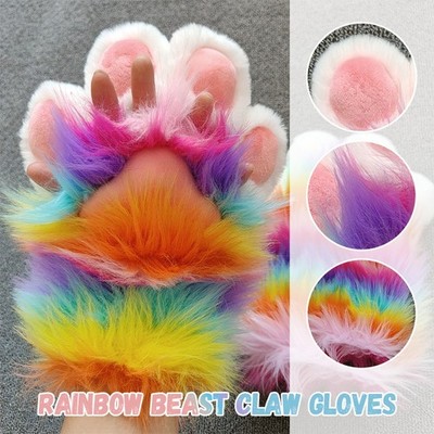 1X Plush Rainbow Furry Cat Claw Gloves Beast Paws for Halloween Cosplay Costumes