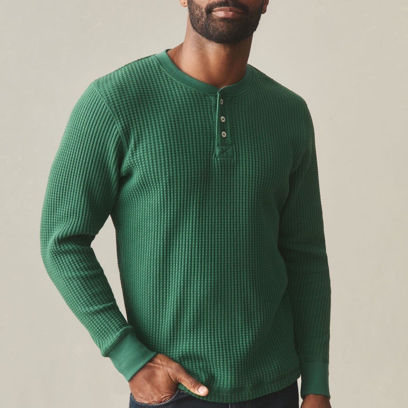 American Giant T-Shirt Men L Hunter Green Cotton Stretch Waffle Knit Henley Neck