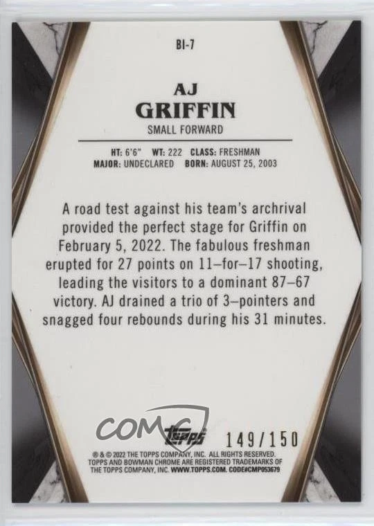 2021-22 Bowman U Bowman Invicta Silver Wave /150 AJ Griffin #BI-7 - Image 2 of 2