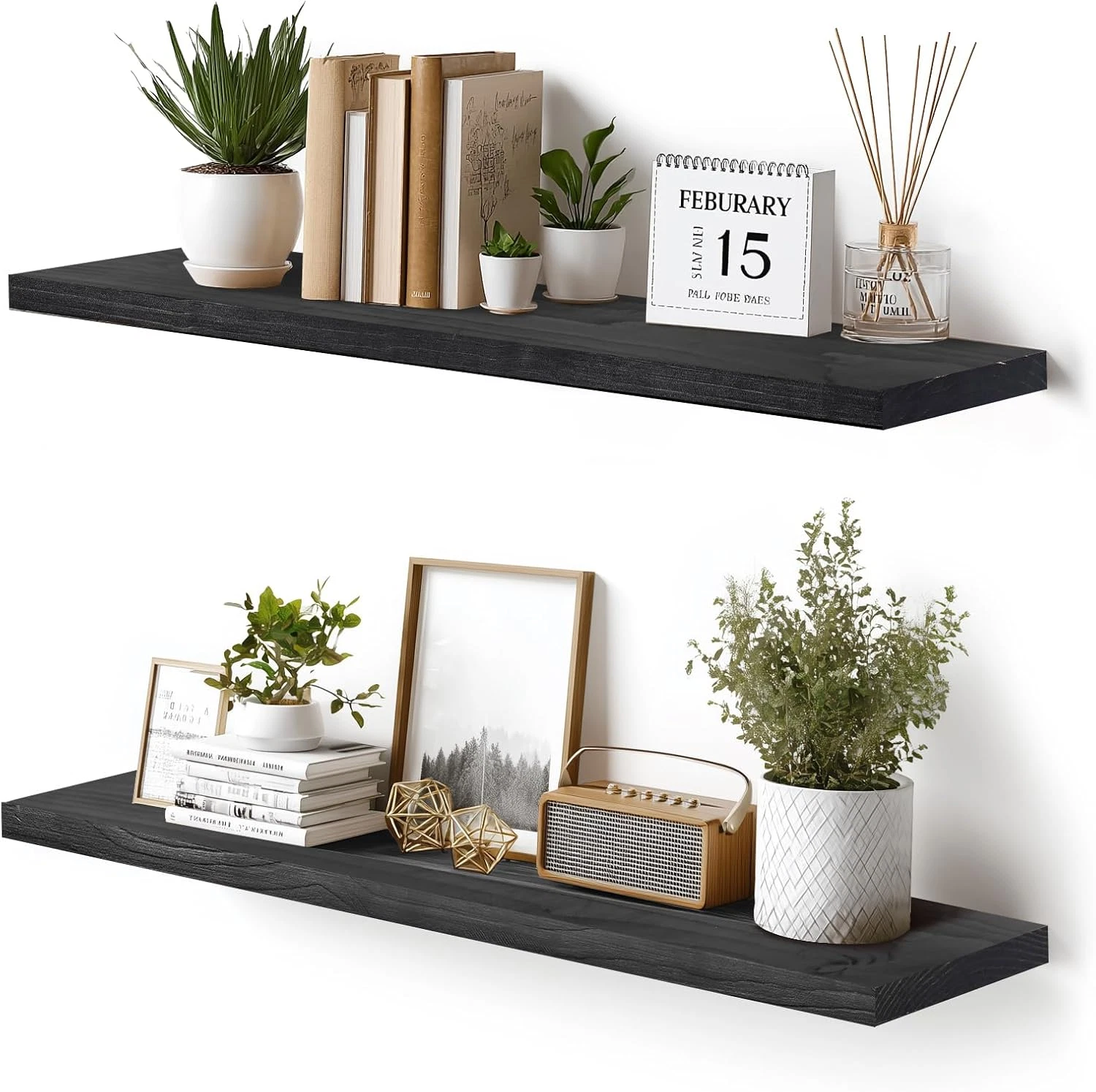 Rustic Black Floating Wall Shelves 2-Pack - 36" for Home Storage & Décor