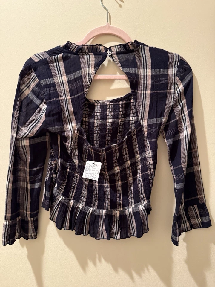 Blusa peplum xadrez Free People Smocked – Azul marinho e rosa – Tamanho XS - Imagem 2 de 4