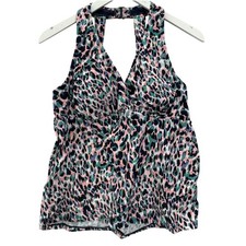 Island Escape H-Back Tankini Top Blue Pink Leopard Dot Print Underwire Size 16W