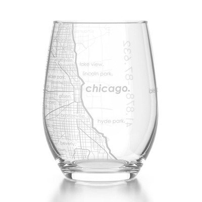 Engraved Chicago Illinois Map Stemless Wine Glass Etched Glassware (15 oz Clear)