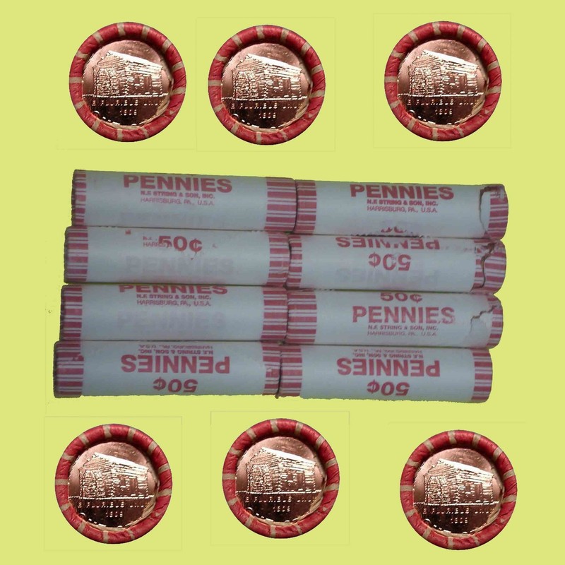 8 bank-wrapped  2009  T/T  rolls - 400 Unc Lincoln pennies - Log Cabin Reverse