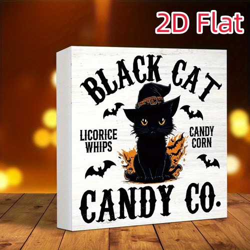 Wooden Box Sign Black Cat Candy Co Halloween Desktop Tabletop Ornament