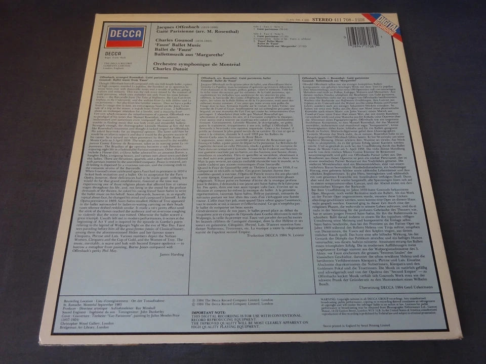 NM OFFENBACH: GAITE PARISIENNE / GOUNOD LP, Montreal SO, Dutoit, DECCA 411 708-1 - Image 2 of 4