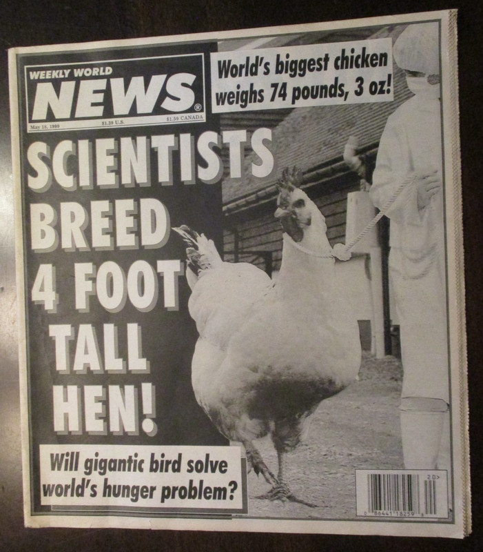 WEEKLY WORLD NEWS TABLOID MAGAZINE MAY 15, 1999 SCIENTISTS BREED 4 FOOT TALL HEN