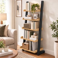 5 Tier Leaning Ladder Shelf, Wooden Bookshelf with Raised Edges, Oak
