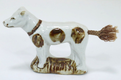 Antique Vintage Porcelain Dog Figurine 2.5" Tall Brown & White w/ Rope Tail