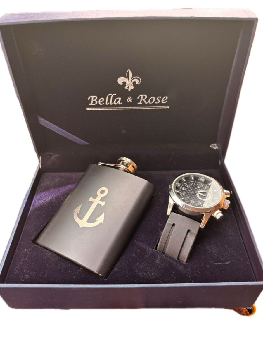 NEW Bella & Rose Mens Watch & Flask Silver & Black Gift Set | eBay