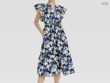 A New Day Women's Flutter Short Sleeve Poplin Tiered Midi Dress Navy Floral L
