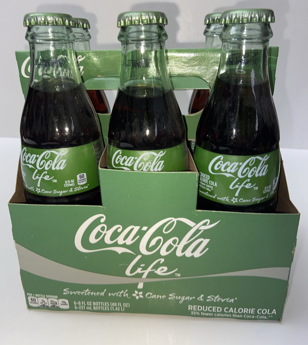 2014 Coca-Cola Life 6 Pack 8oz Glass Bottles Sealed Soda Cane