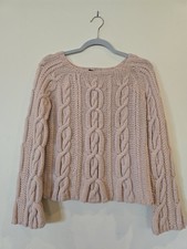 DKNY Y2K Dark Academia Blush Cable-Knit Crew Neck Pullover Wool Sweater Sz S