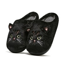 Cute Black Cat Slippers Women Men Fuzzy Plush House Shoes Warm Memory Foam...