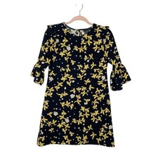 Zara Floral Ruffled Bell Sleeves Mini Dress Key Hole Button Back M Black Yellow