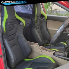 Reclinable Pair Racing Seats + Dual Sliders PU&Carbon Leather Green Stripe