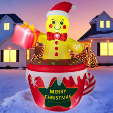 7FT Gingerbread Man Inflatable Christmas Xmas Decor Blow Up Hot Cocoa Cup w/ LED