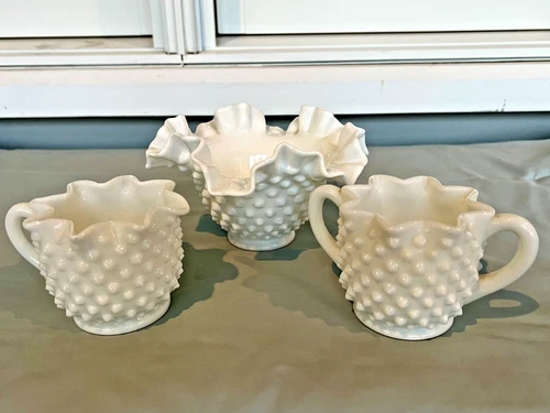 Fenton Hobnail Milk Glass Set  - Ruffled Candy dish, Creamer and Sugar Bowl
