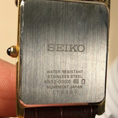 Seiko Men 4N30-00G0 Dress Tank Gold Tone Black Leather Quartz 28mm