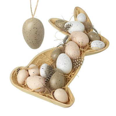 Holz Osterhase Tablett mit gesprenkelten Eiern und Federn Neuheit Dekoration
