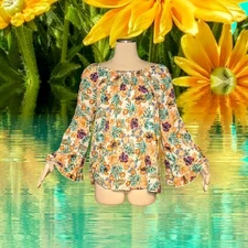 SIGNATURE STUDIO Boho FLORAL Boat Neck Top SMOCKED Aqua Orange Women's Sz Large