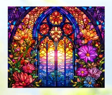 Floral Faux Stained-Glass Window ~ WINDOW CLING Size 9.1" Repositionable Vinyl