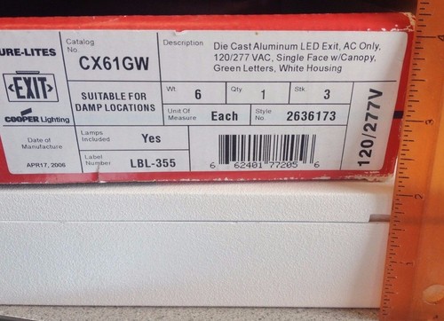 Die Cast Aluminum GREEN LED EXIT Sign Cooper CX61GW 1-Face White Housing 120/277 - Picture 3 of 5