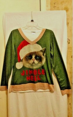 Faux Real Womens Jingle Hell Grumpy Kitty Cat Ugly Sweater Holiday T-Shirt Lg