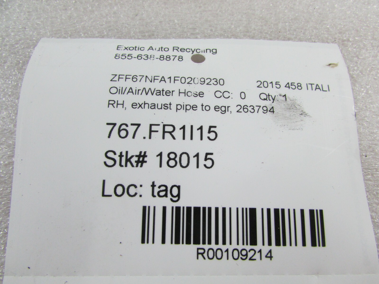 Ferrari 458 Italia, RH, Right Exhaust Pipe to EGR Valve, Used, P/N 263794