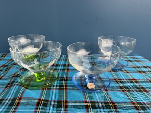 4 x Böhmischer Kristall Dessert Glasschalen Set Grün und Blau Vintage Farbig Glad - Bild 1 von 7