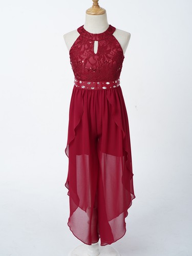 Sequin Glitter Flower Girls Dress Kids Halter Maxi Romper Gown Prom Dresses - Picture 7 of 54