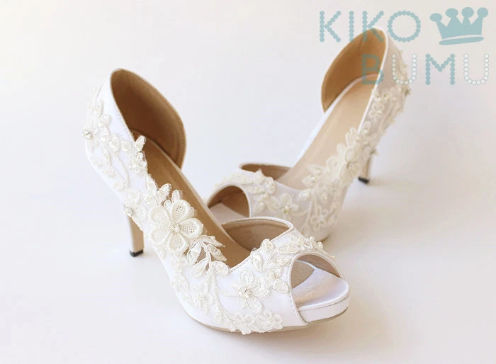 BLANCO MARFIL 2" 3" 4" Punta Abierta Cinta de Satén Nupcial Tacones Bajos Zapatos de Boda Foto 2 de 4