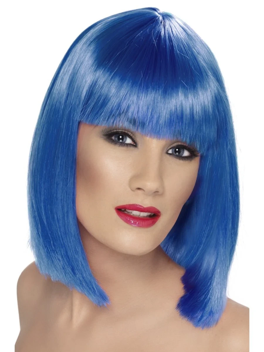 Neon Blue Glam Wig Short Blunt Bob Cut with Fringe Fancy Dress