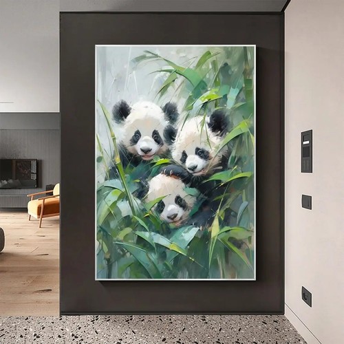 Canvas Wall Art Panda Oil Painting Black and White Wall Decor Handmade Family - Picture 2 of 6
