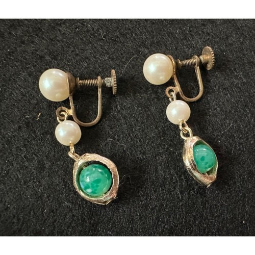 Vintage Japan Screwback Earrings Faux Pearl Drop Dangle Goldtone