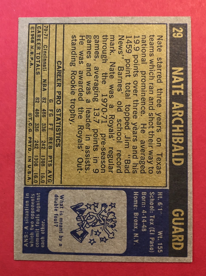 Tarjeta de baloncesto 1971-72 Topps NBA #29 Nate Archibald RC EX+ Foto 2 de 4