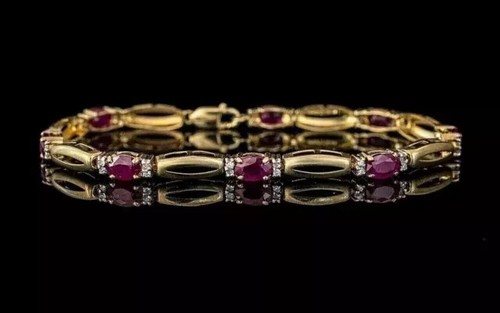 14K Yellow Gold Plated 5CT Oval Cut Lab Created Pink Ruby Womens Tennis Bracelet - Picture 2 of 5